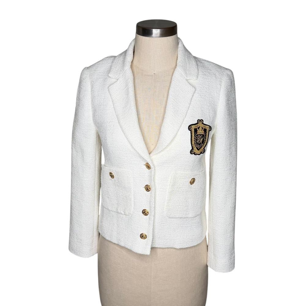 ZARA White Textured Blazer White Tweed Crest Patch Gold Women's Size XS Career